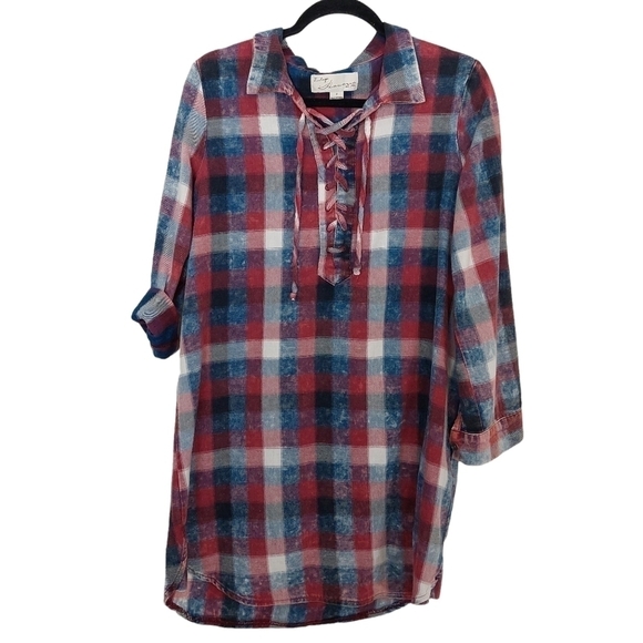 Vintage Havana Dresses & Skirts - Vintage Havana Womens Long Sleeve Red Blue Plaid Drawstring Tie Shirt Dress Sz S